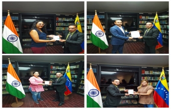 Charge d' Affaires, a.i. Suresh Kumar met the five ITEC candidates who will be attending the Proficiency cum Professional Development Course conducted by the English and Foreign Languages University, Hyderabad from 24 July to 18 August 2023. Cd'A briefed them about the course and handed over the tickets & visas to them.